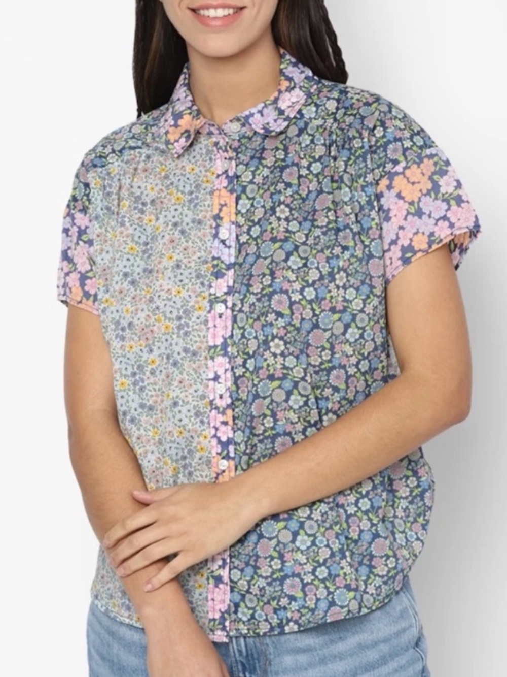 American Eagle Floral Patchwork Button-Up Shirt